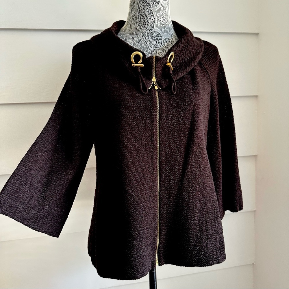 St. John Black Knit Zip Up Jacket with Gold Hardware size M made in USA - Picture 3 of 11